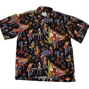 David Carey Camp Shirt Black with Skeletons Day of the Dead‎ Mens Medium